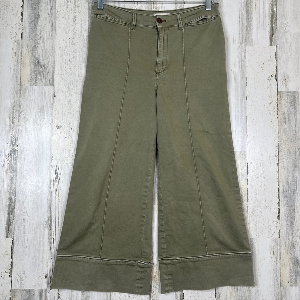 Anthropologie Wide Leg Chino Pants Women's 8 Earthy Green Boho Chic Fall Casual - Picture 1 of 15